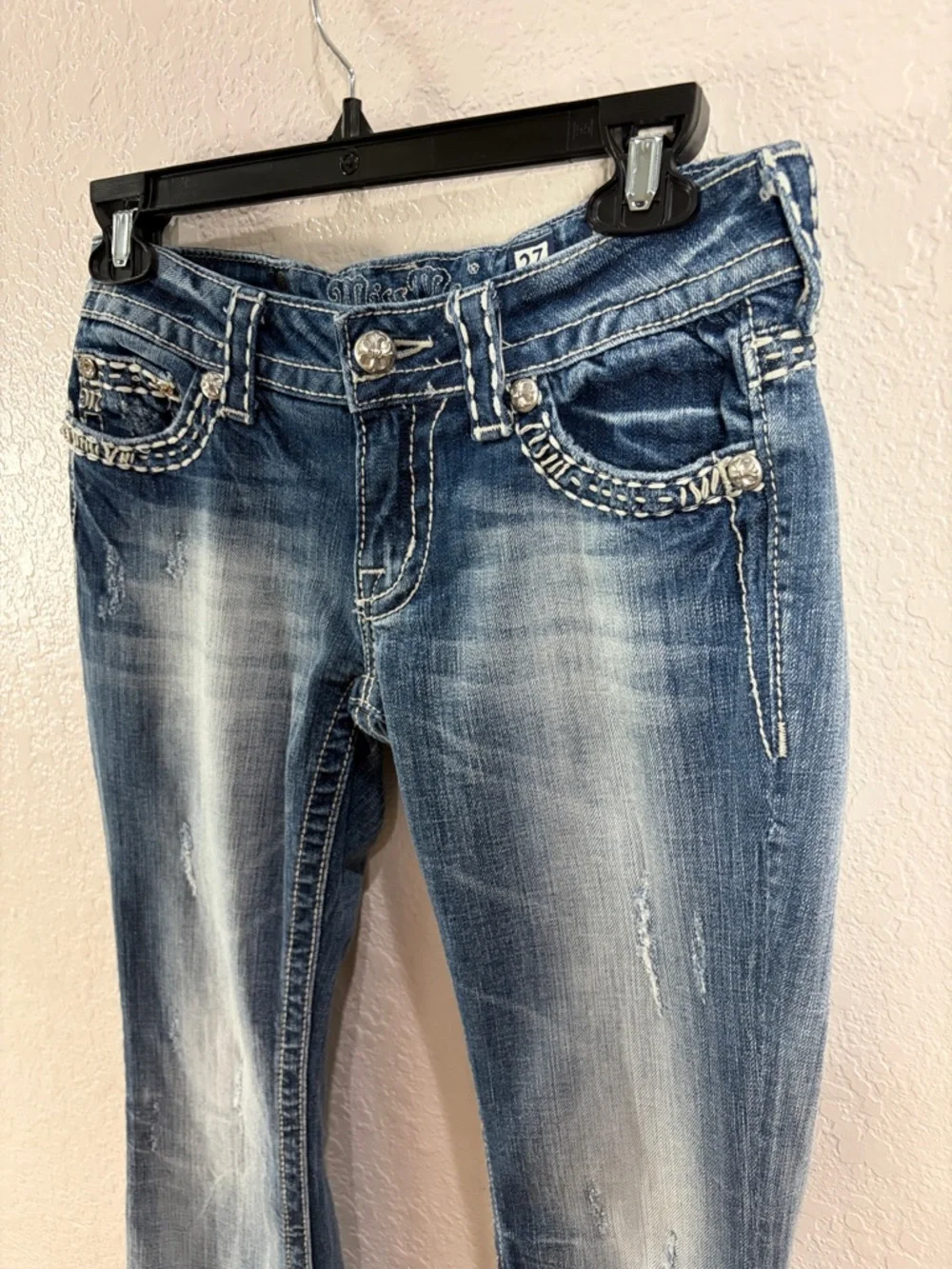 Miss Me Women's Light Blue Flare Jeans with Embroidered Pockets,Size 27. - Picture 9 of 17
